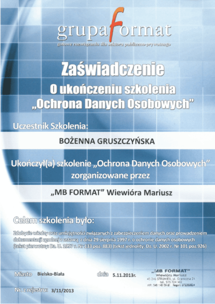 Zaświadczenie o ukończoniu szkolenia z zakresu ochrony danych osobowych