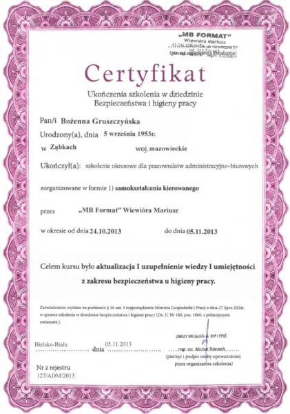 certyfikat z kursu BHP