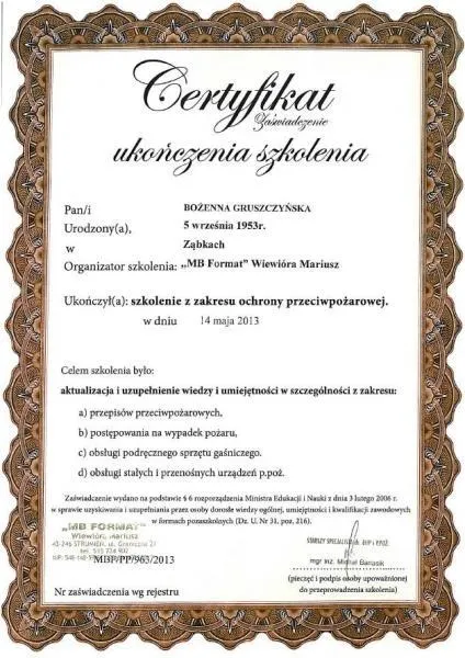 certyfikat z szkolenia z zakresu ochrony przeciwpożarowej